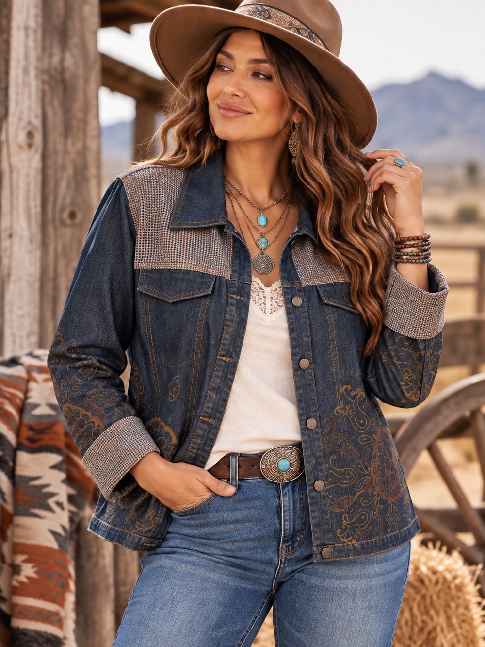 Vintage Notations Boho Western Tapestry Denim Jean Jacket Size L